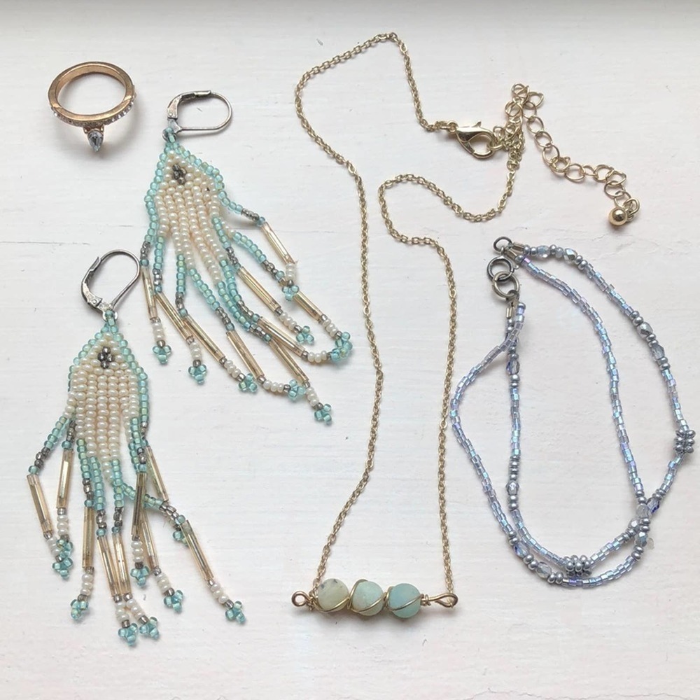 Mermaidcore Bundle - Beaded Earrings, Bracelet, Blue & Green Necklace, and Rings